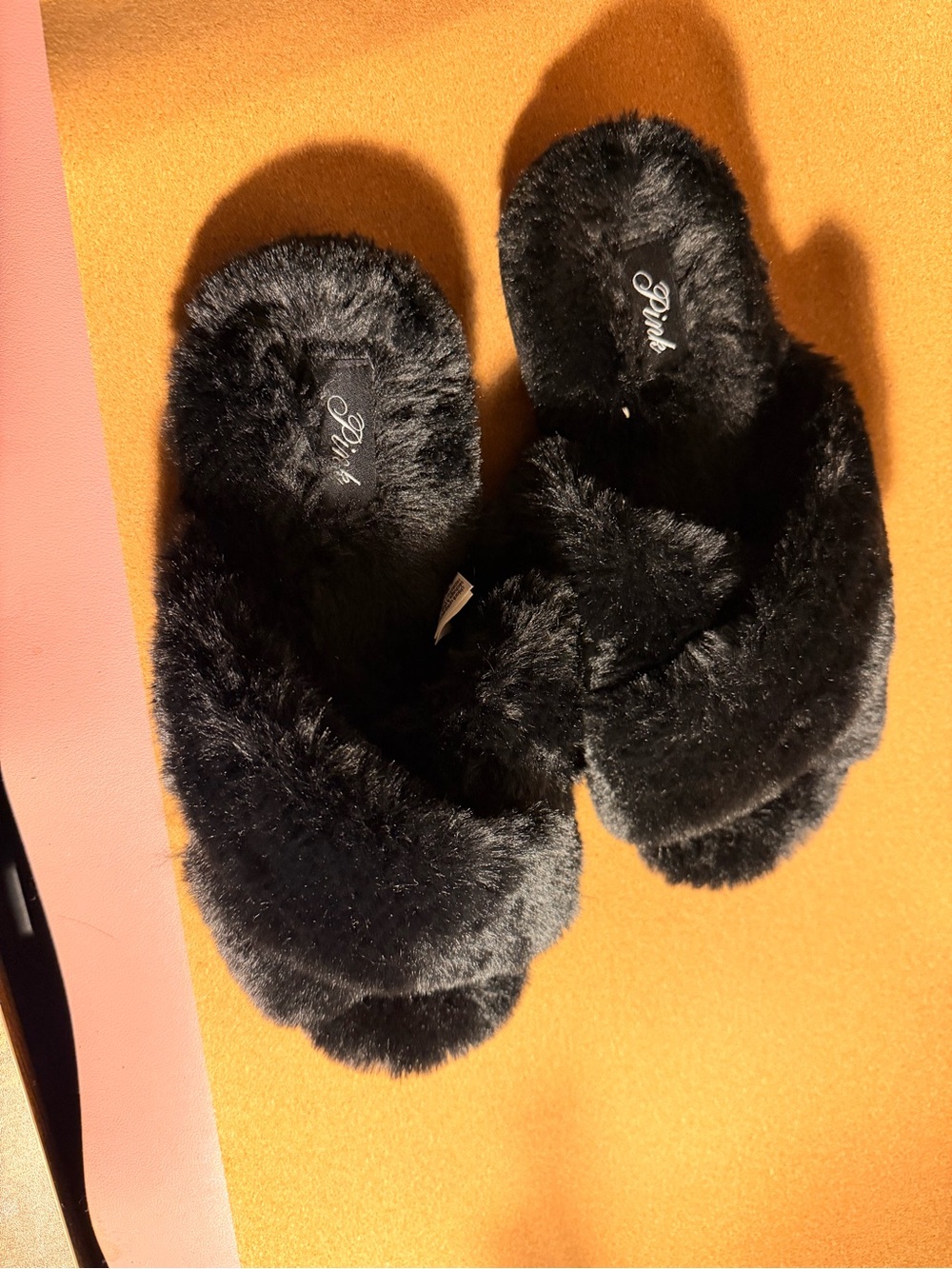 PINK Victoria's Secret Black Faux-Fur Crossband Slide Slippers y2k